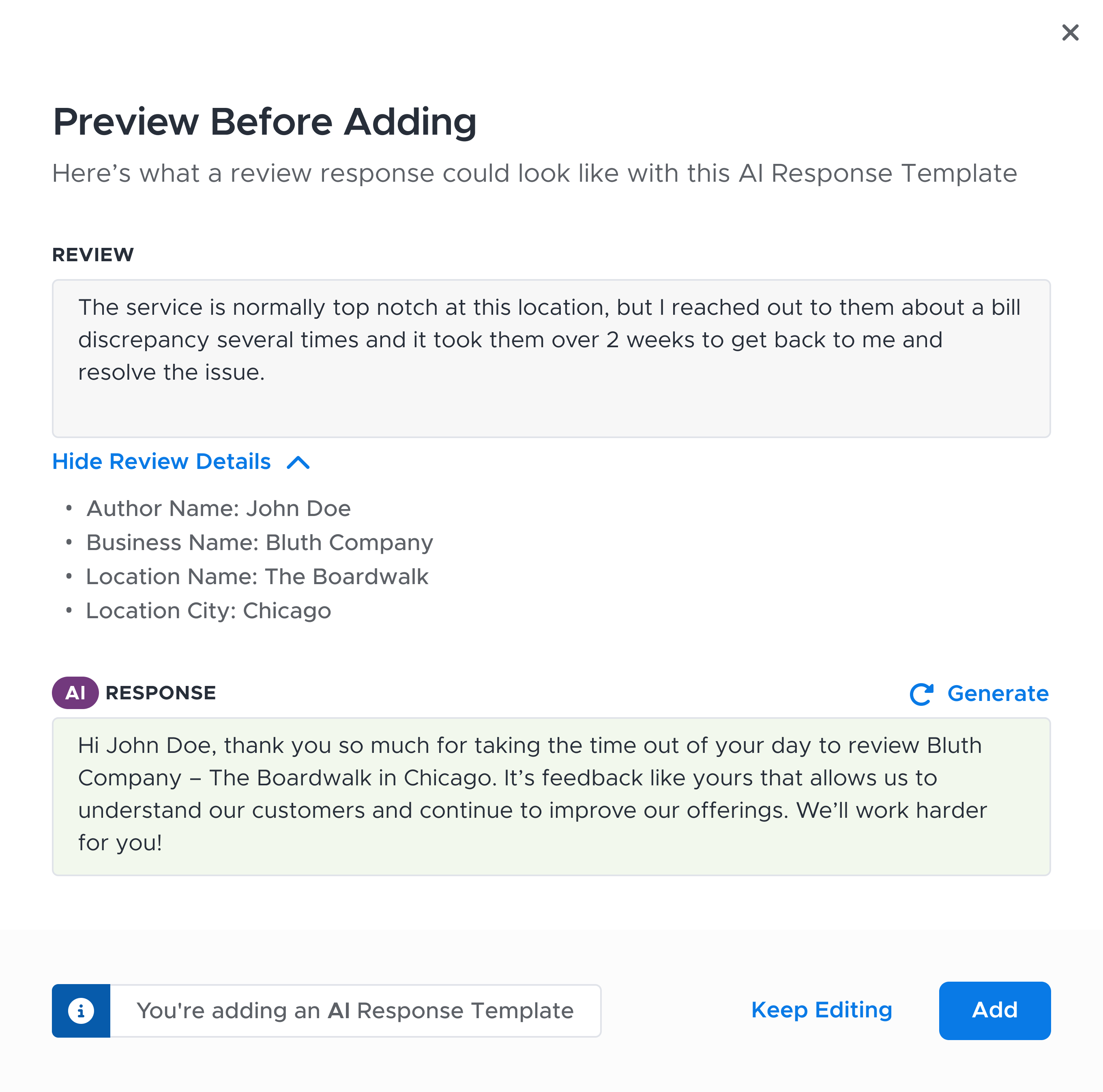 Add Modal – AI Response Template – Actual Review – With Location City – Review Details Expanded.png